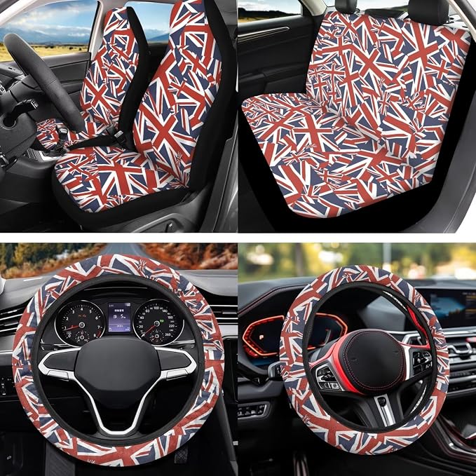 Union Flag 12 Pack Car Seat Covers Full Set with Car Steering Wheel Cover Arm Rest Cover Auto Seat Belt Cover Cup Coasters and Keychain Holder Universal Fit Most Cars SUV