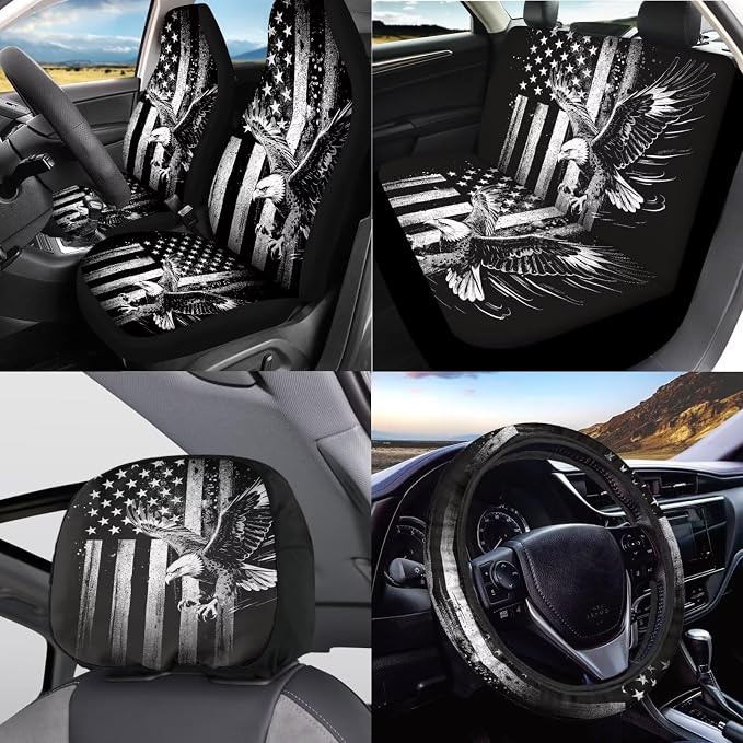 KEIAHUAN 11 Pcs Car Seat Covers Full Set with Stretchy Steering Wheel Cover/Coasters/Headrest Cover/Handbrake and Gear Shift Knob Cover, Easy to Install, Black American Flag Eagle