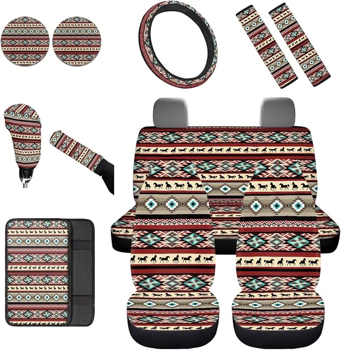 Dreaweet Aztec Ethnic Tribal Horse Car Seat Covers Full Set 12 Pcs Car Accessories,Steering Wheel Cover/Armrest Cover/Seatbelt Covers/Cup Coasters/Gear Shift Cover/Handbrake Cover,Universal Fit