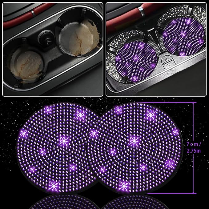 NBTEPEM 12 Pcs Bling Car Accessories Set for Women Car Floor Mats Full Set Steering Wheel Cover Seat Belt Covers Coasters Universal Fit Car SUV Truck Van Purple