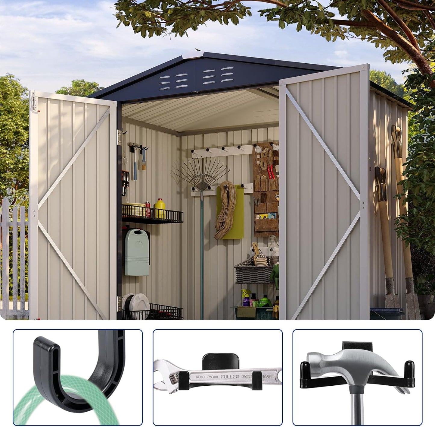 6 Pcs ABS Storage Shed Tool Hooks, Heavy Duty Shed Accessories & Hooks - Compatible with Suncast & Craftsman Sheds, Black J/U/V Shape for Organizing Garden Tools and Hoses in Outdoor Sheds