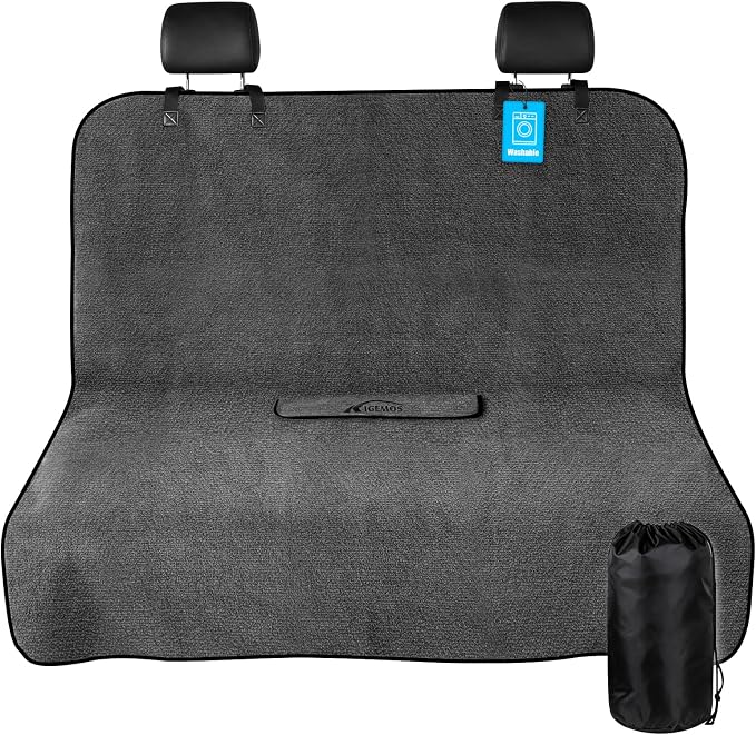 Rear Bench Seat Cover, Waterproof, Sweatproof, Non-Slip Protector for Back Seat, Dual-Layer Microfiber Terry, Universal Fit for Cars, Trucks, SUVs – Embroidered Design (Gray, 1 Pack)