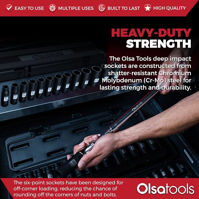 Olsa Tools 1/2-Inch Drive Deep Impact Socket Set - 14-Piece SAE Kit (3/8"–1-1/4") - Cr-Mo Steel - 6-Point Chrome Moly Design - Easy-Read Markings - Heavy-Duty Storage Case - Part 1278