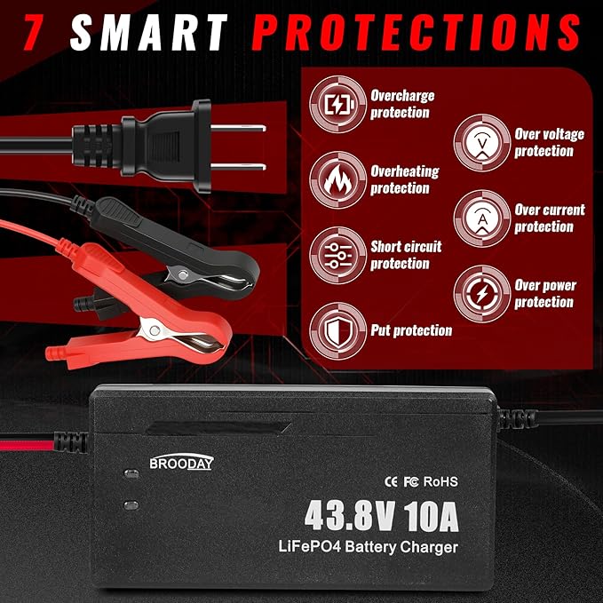 36V 10A LiFePO4 Battery Charger, 43.8V Lithium Battery Charger, Fast Charging, Over-Current and Over-Voltage Protection for 36V Lithium Iron Phosphate Batteries