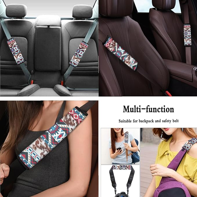 Aztec Seat Covers Full Set with Western Steering Wheel Cover, Shoulder Pads, Cow Print Seat Covers Car Accessories Universal Fit for Most Cars Truck, Red and Blue