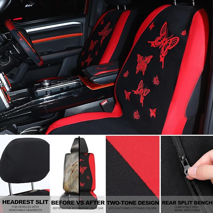 BBTO 47 Pcs Car Seat Full Set Car Accessories for Women 5 Front Rear Seat Covers Wrist Strap 2 Pieces Cup Mat Armrest Pad 2 Belt Cover Accessories for SUV(Red Black)