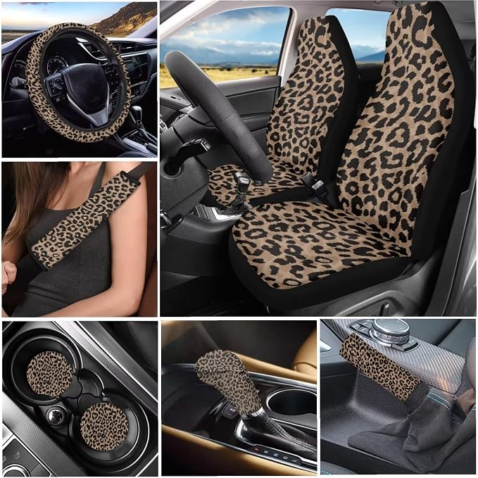 Tupalatus Leopard Universal Auto Accessories for Women,9 PCS Car Seat Covers Gear Shift Knob Cover+Car Handbrake Brake Cover+Seat Belt Shoulder Pads+Car Coaster+Steering Wheel Cover
