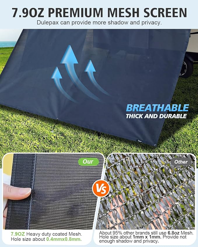 Dulepax RV Awning Sun Shade Screen with Zipper 9'X12'3'' -Second Generation RV Awning Shade Screen Significantly Improves Shadew and Privacy.Universal, Capmer Awning Shade with Complete Kits