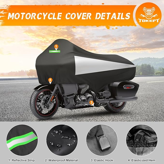 Motorcycle Half Cover with Elastic Hook and Reflective Strip Waterproof Dustproof Sunproof at All Seasons Suitable for Touring Models Road King Street Glide Road Glide and More (Black&Silver)