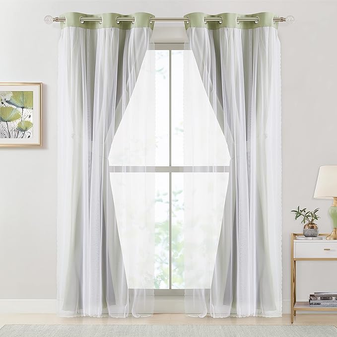 Bujasso Sage Green 90% Blackout Curtains with Sheer Overlay Mix and Match Double Layer Thermal Insulated Window Panels 84 inch Living Room Bedroom Green Drapes with Tiebacks Grommet Top 37" Wx84 Lx2