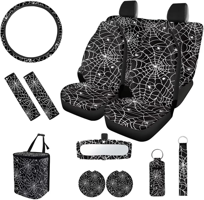 Spider Web 12 Pieces Car Seat Covers Set Easy to Install Car Steering Wheel Cover Car Seat Belt Cover Car Trash Can Removable Automotive Accessories Protector Comfortable