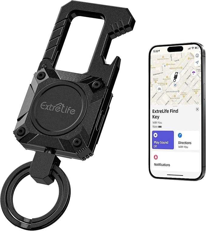 ExtreLife Keychain, Works with Apple Find My, Bottle Opener, Carabiner Car Key Chains with Gps Tracker