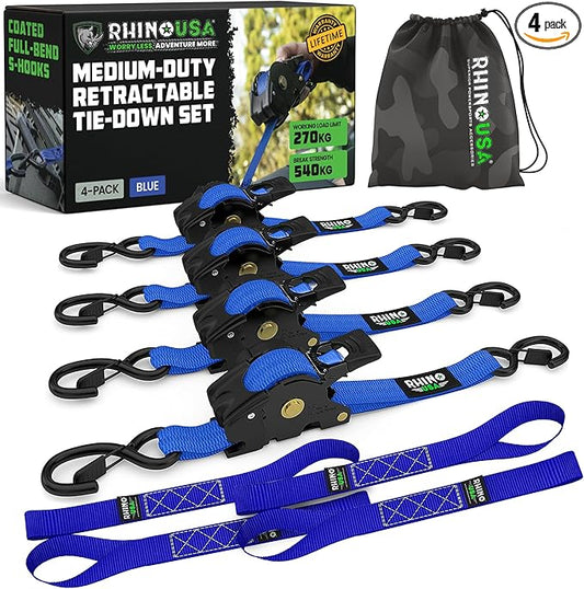 Rhino USA Retractable Ratchet Straps (4-Pack) - 1 Inch x 10 Feet (1,209lb Break Strength) - Auto Self Retracting Tie Down Straps for Truck, Cargo Trailer, Motorcycle, ATV, UTV - Blue