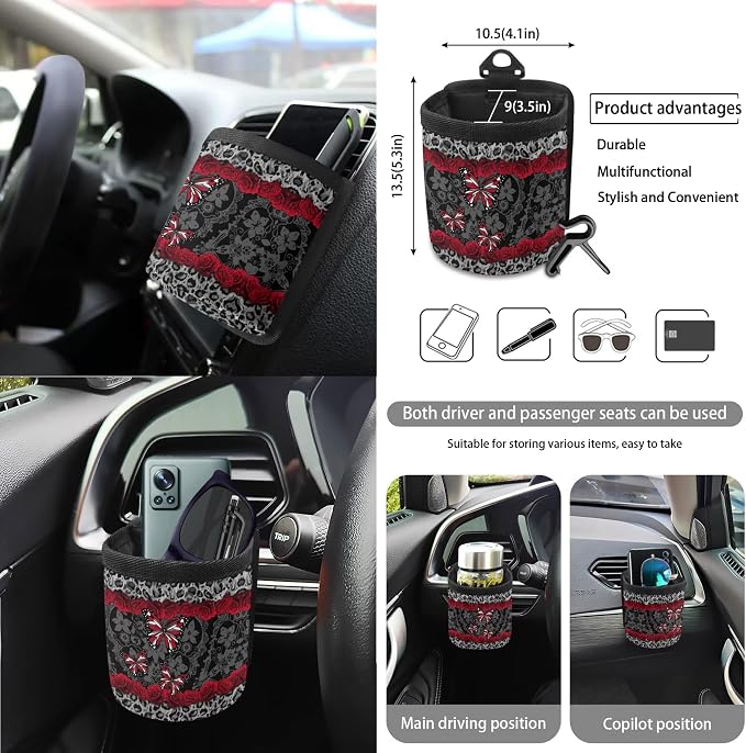 Leopard Butterfly Rose Floral Print Car Seat Cover Set of 15 Steering Wheel Covers Seatbelt Strap Pad Garbage Cans Air Vent Storage Holder Rear View Mirror Cover Cup Holder Key Chain