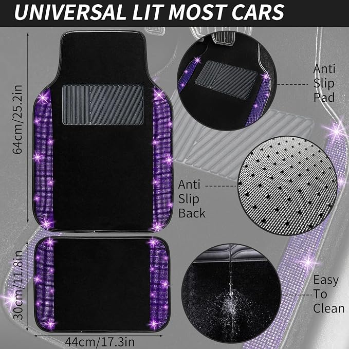 NBTEPEM 12 Pcs Bling Car Accessories Set for Women Car Floor Mats Full Set Steering Wheel Cover Seat Belt Covers Coasters Universal Fit Car SUV Truck Van Purple
