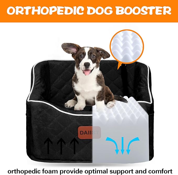 Dog Car Seat for Small Medium Dogs, Detachable Washable Dogs Booster Seat Under 35lbs, Elevated Dog Car Bed with Storage Pockets (Black, One Size)