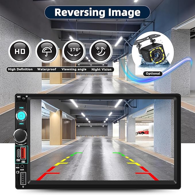 CAMECHO Double Din Car Stereo Radio 7 Inch MP5 Player with HD Touch Screen Multimedia Player with Bluetooth FM Receiver Support Mirrorlink SWC Type C AUX-in USB SD UI ColorLights