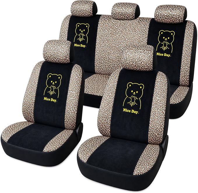 Cute Bear Leopard Print Car Seat Covers For Women,Universal Full Set (Bear) | Lovely Embroidered Cartoon Design For Daily Driving, Universal Fit For Most Cars, Soft Short Flannel With Stretch Backing