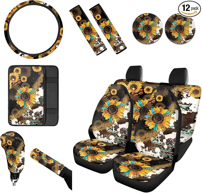 Wanyint Sunflower Aztec Leopard Cow Print Car Seat Cover Set 12 PCS, Front Back Car Seat Covers Steering Wheel Cover Armrest Pad Handbrake Cover Gear Shift Cover Seat Belt Pads Coasters Auto Decor