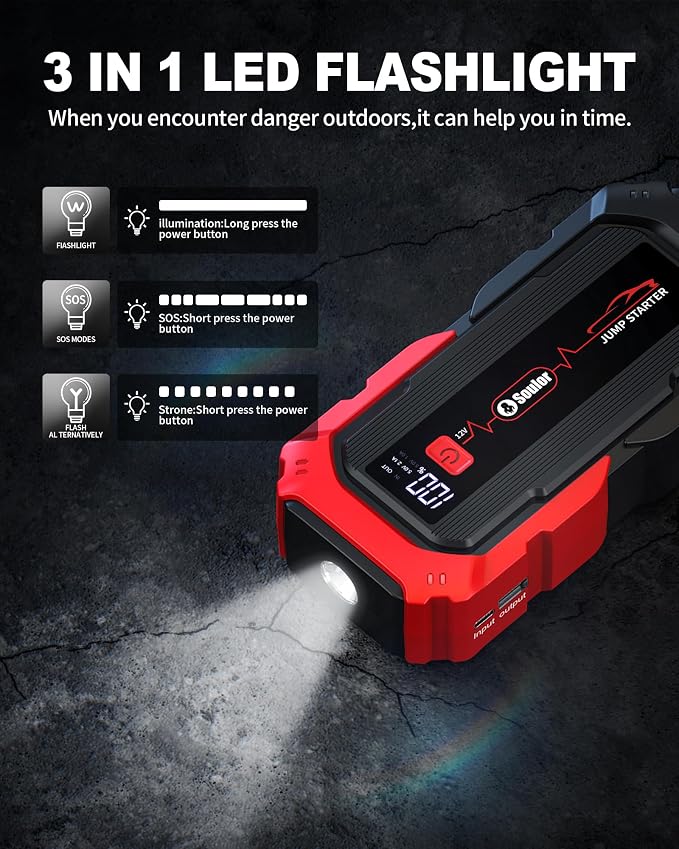 Jump Starter Battery Jumper Starter Portable Car Battery Jump Starter for Up tp All Gas & 12L Diesel, 12V 6000A Portable Jump Box with 3 Modes Flashlight and Jumper Cable
