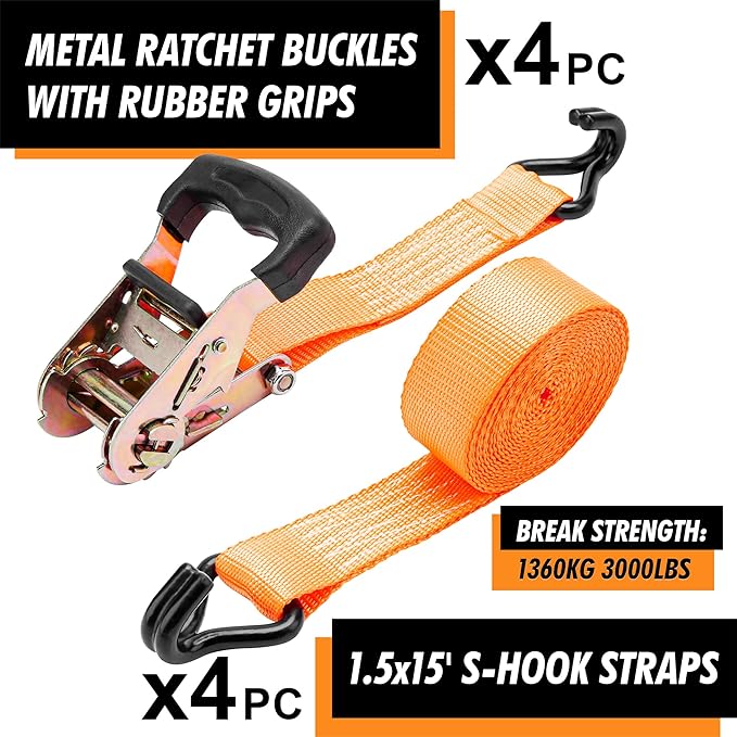 Cartman 1,5" x 15' Padded Ratchet Tie Down 3000Lbs Capacity (4pk) Orange