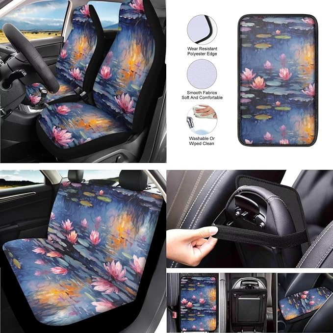 Water Lily 13 Pack Car Seat Covers Full Set Oil Painting Water Lily Car Interior Accessories Retro Classical Lotus Flower Fit Auto SUV Trucks Seat Belt Shoulder