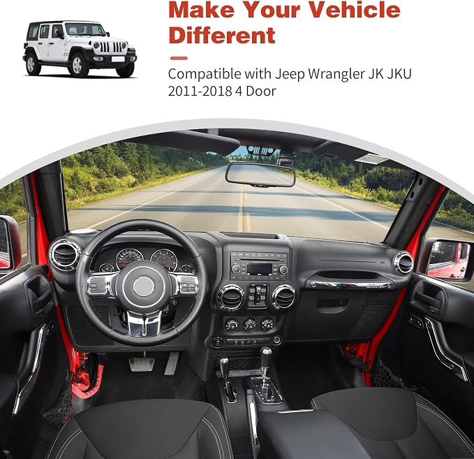 CheroCar 18PCS Interior Trim Kit for Jeep Wrangler JK JKU 2011-2018 4 Door,Steering Button Frame, Air Conditioning Vent Trim Cup Holder Cover,Gear Shift Knobs Frame,Chrome