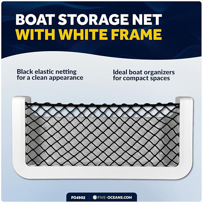 Five Oceans Boat Storage Net, White Frame, Black Elastic Netting, 9-7/8" x 4-1/2", Ideal Storage Net for Boat Organizer, Car, Rvs - FO4902