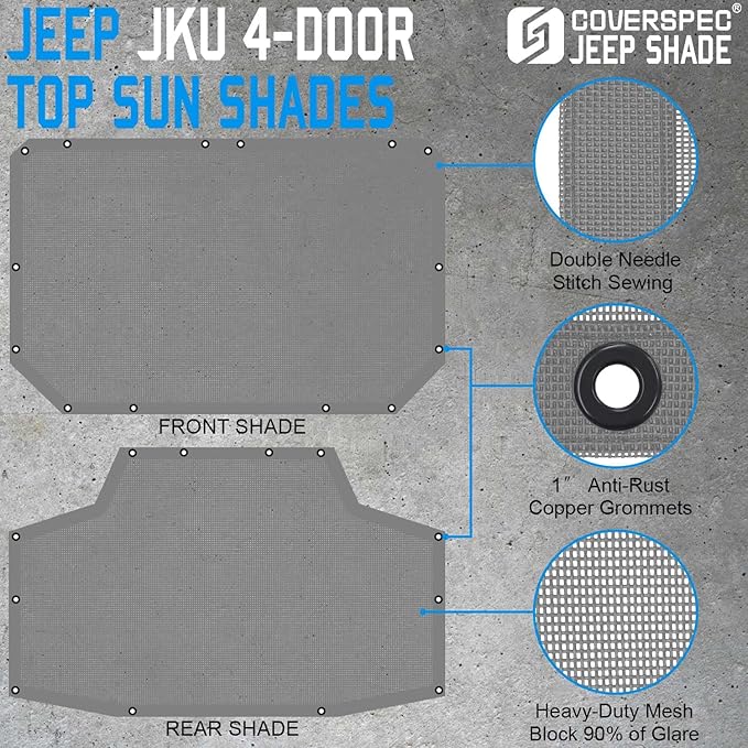JK Sun Shade Top Compatible with Jeep Wrangler 4 Door 2007 to 2018 Sunshade Sunroof Bikini Cover Blocks UV Wind Noise Gray Mesh for Front and Rear 2 pcs