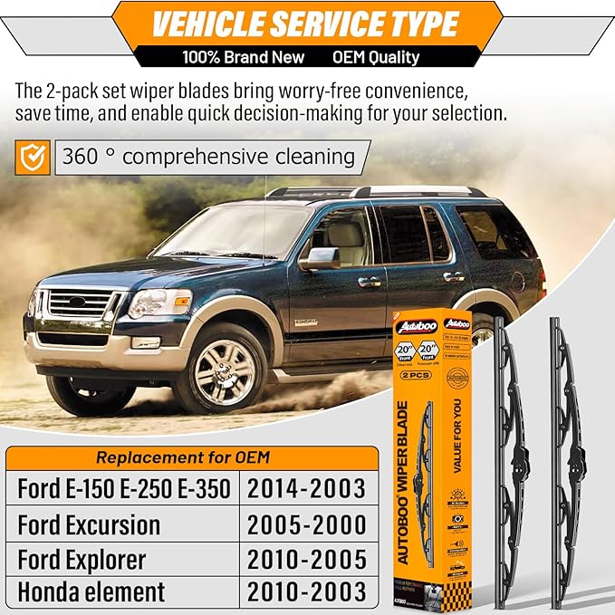 AUTOBOO 20"+20" Windshield Wiper Blade Sets Replacement for Ford E150 E250 E350 2005-2014,Excursion,2003-2009 Honda element -Original Factory Quality (Pack of 2)