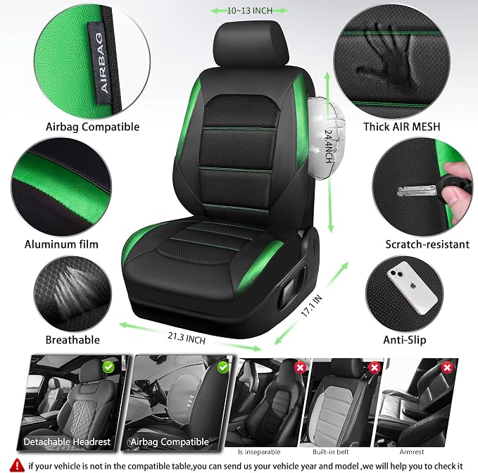 CAR PASS Memory 3D Foam Car Seat Covers Full Set, Breathable Mesh Thick Seat Covers for Car,Green Metal Film Leather Seat Covers, Universal Automotive Comfort for SUVs Trucks, Black Green