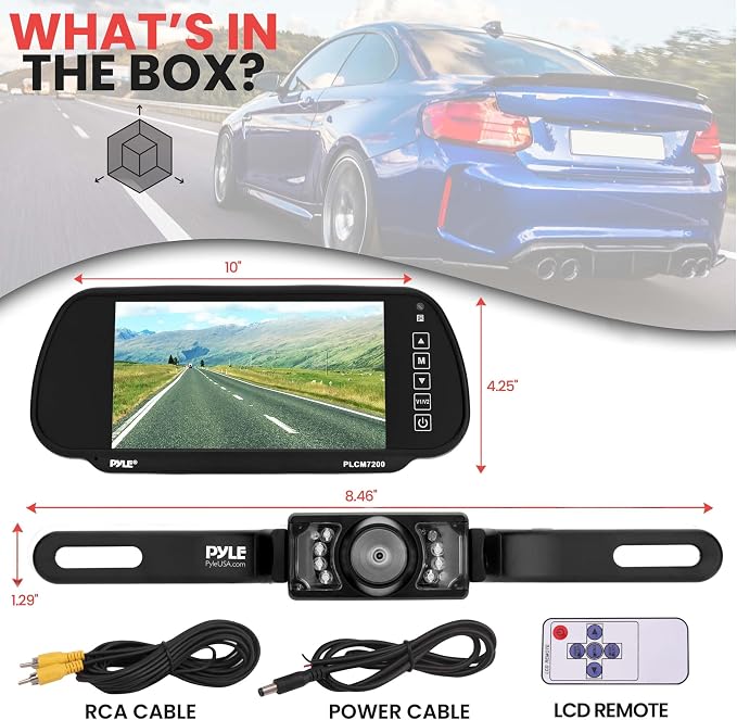 PYLE BACKUP CAR CAMERA, 7" LCD DISPLAY, NIGHT VISION, WATERPROOF, DISTANCE SCALE LINES - COMPLETE SYSTEM WITH ALL NECESSARY CABLES AND WIRING, LICENSE PLATE MOUNTABLE, AUTO SWITCH PAL/NTSC