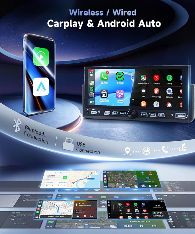 Single Din Car Stereo, 6.86" Touch Screen Car Radio with Wireless & Wired CarPlay Android Auto, Bluetooth FM USB EQ Mirror Link Steering Wheel Control + 12LED Backup Camera