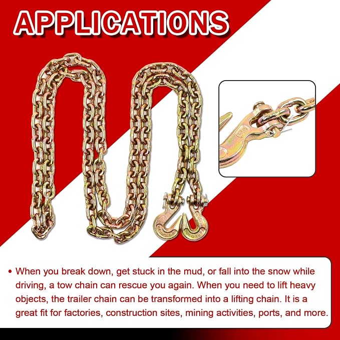 Heavy Duty G80 Transport Binder Chain 5/16'' Inch x 10 Feet,Tow Chain with G70 Clevis Grab Hooks,4900 lbs Safe Working Load Logging for Transporting, Towing(5/16'' x 10FT Yellow).