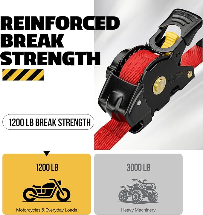 AUGO Retractable Ratchet Straps | 4 Heavy Duty Ratchet Straps Self Retractable Tie Downs with Soft Loops & Storage Bag for Motorcycle, Truck, Trailer, Cargo Van | 1200 Lb Break Strength 1” x 10’