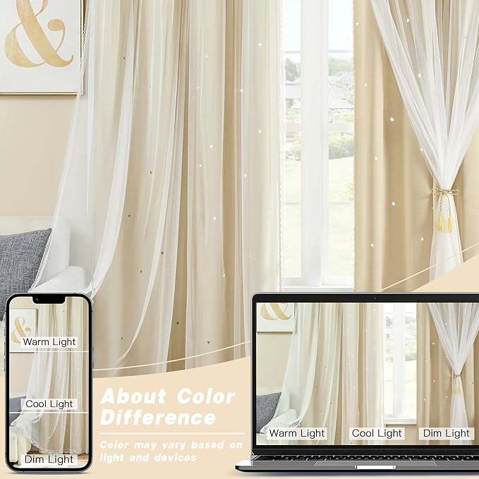 XiDi Biege Blackout Curtains 90 Inches Long for Bedroom Living Room 2 Panels Double Layer Curtains with Sheer Overlay Star Cut Out Wall Home Kid Girl Decor Thermal Grommet Window Drapes W52 X L90