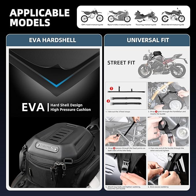 Rhinowalk Motorcycle Tank Bag Waterproof Backpack Hard-shell Expandable Rhinowalk Motorcycle Bags 15-18L Carbon Fiber Black