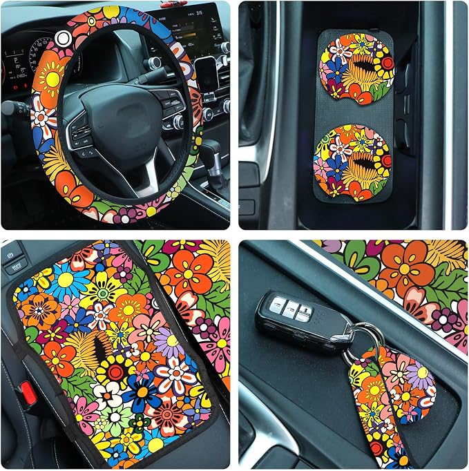 15 Pcs Full Car Seat Covers Set Car Accessories Seat Covers Steering Wheel Cover Belt Pads Armrest Pad Cup Holders Keychains for Most Truck SUV(Flower)