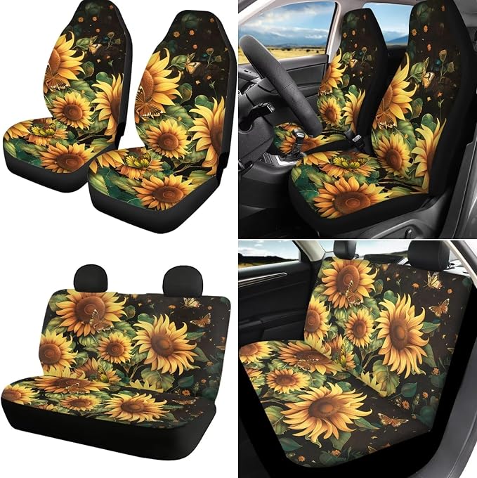 Sunflower Car Seat Covers Full Set with Steering Wheel Cover Set of 18 Flower Head Rest Protector+Seat Belt Shoulder Pads+Car Cup Coaster+Handbrake Cover+Armrest Cushion and Keychain