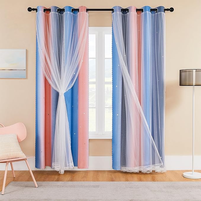 XiDi Pink Grey Blue 54 Inches Curtains for Girls Bedroom 2 Panels Set, Blackout Rainbow Curtains for Kids Room Decor, Unicorn Wall Decals Drapes for Little Girl Nursery Room 52 Inches Wide