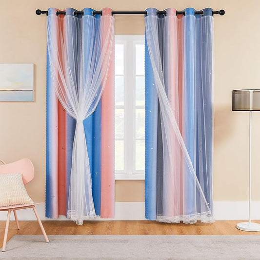 XiDi Rainbow Blackout Curtains 96 Inches Long for Girls Bedroom 2 Panels Set, Kids Pink Curtains for Room Decor Unicorn Wall Decals Drapes for Little Girl Nursery Pink/Grey/Blue 34 Inches Wide