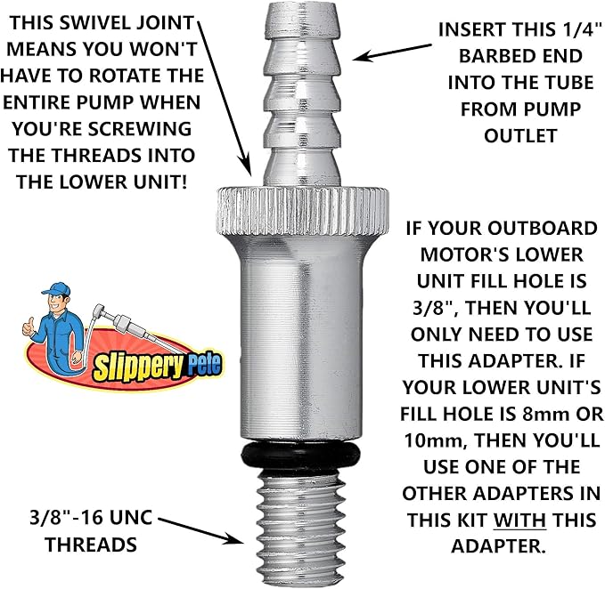 Slippery Pete - Lower Unit Gear Oil Pump for Standard Quart Bottles, Includes 3/8 inch Metal Swivel, 8mm and 10mm Adapters Fit Most Marine Boat Outboard Motors (NOT COMPATIBLE WITH VOLVO PENTA)