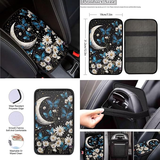 8 Pcs Moon Floral Butterfly Car Seat Covers Full Set Car Accessories for Women Front Seat Cover Steering Wheel Armrest Cover Seat Belt Cover for Auto SUV Interior Decoration