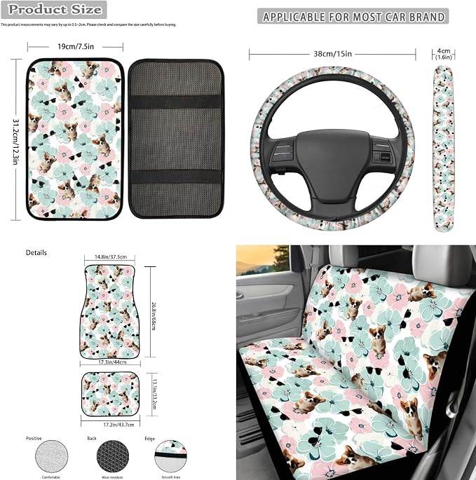 Cute Dog Flower 17 Pcs Car Accessories Seat Covers Full Set Steering Wheel Cover Floor Mats Center Console Pad Cup Holders Seat Belt Pads for Women Men Car Interior Decor