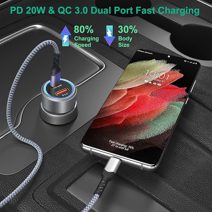 36W USB C Car Charger with 60W USB Type C Coiled Cable PD&QC 3.0 Fast Charging Cigarette Lighter USB Charger for iPhone, Galaxy, Pixel Devices