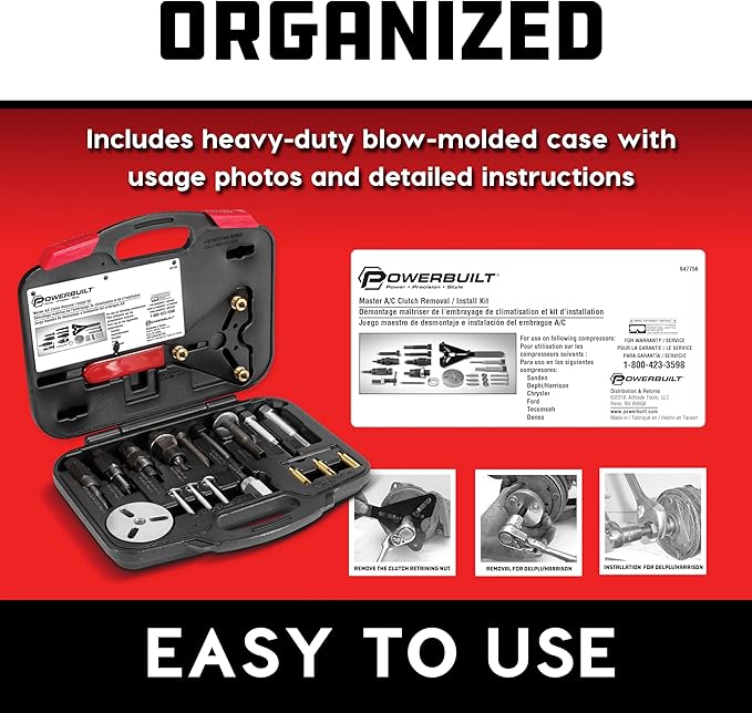 Powerbuilt Master AC Clutch Removal & Installation Tool Kit, Service Automotive AC Compressor Clutches, Holding Tool, Installer, Remover - 647756, Black, 23 Piece