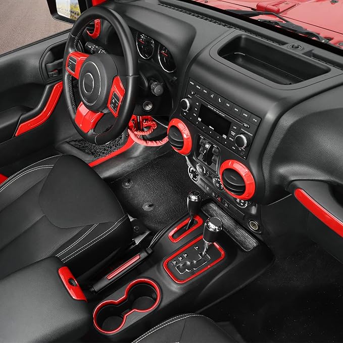 RAZPOY JK 18PCS Interior Trim Kit, Steering Wheel Trim & Gear Shift Cover Air Conditioning Vent Trim Compatible with 2011-2017 Jeep Wrangler JK 4-Door, Red