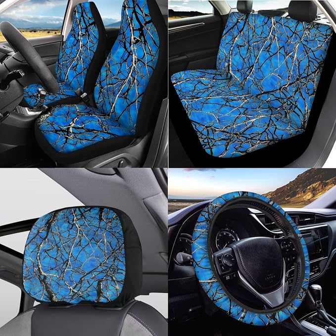 KEIAHUAN Blue Branch Camo Auto Accessories Cars Seat Covers Includes Steering Wheel Cover Headrest Cover Gear Shift Cover Handbrake Cover Cupholder Coaster Universal Fit 11 Pcs for Women Men
