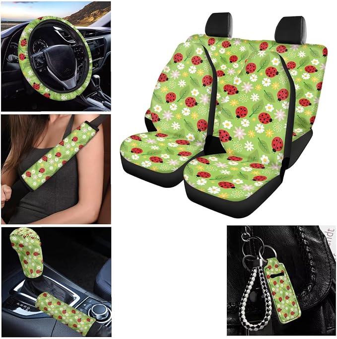 Car Seat Cover Full Set for Adult Universal Fit Steering Wheel Cover Cup Holder Coasters Shoulder Pad Seatbelt Cushion Keychains Car Shift Cover for SUV Truck Vans Sedans, Ladybug Green