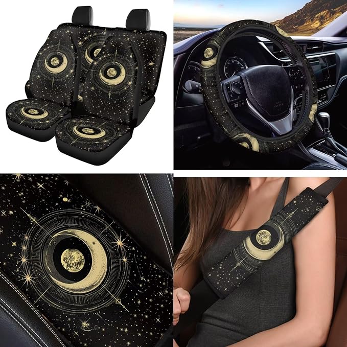 Gothic Moon 12 Pcs Car Seat Covers with Steering Wheel Cover,Seat Belt Covers Cup Holder with Keychain Automotive Protector Set Unverisal Fit Cars SUV